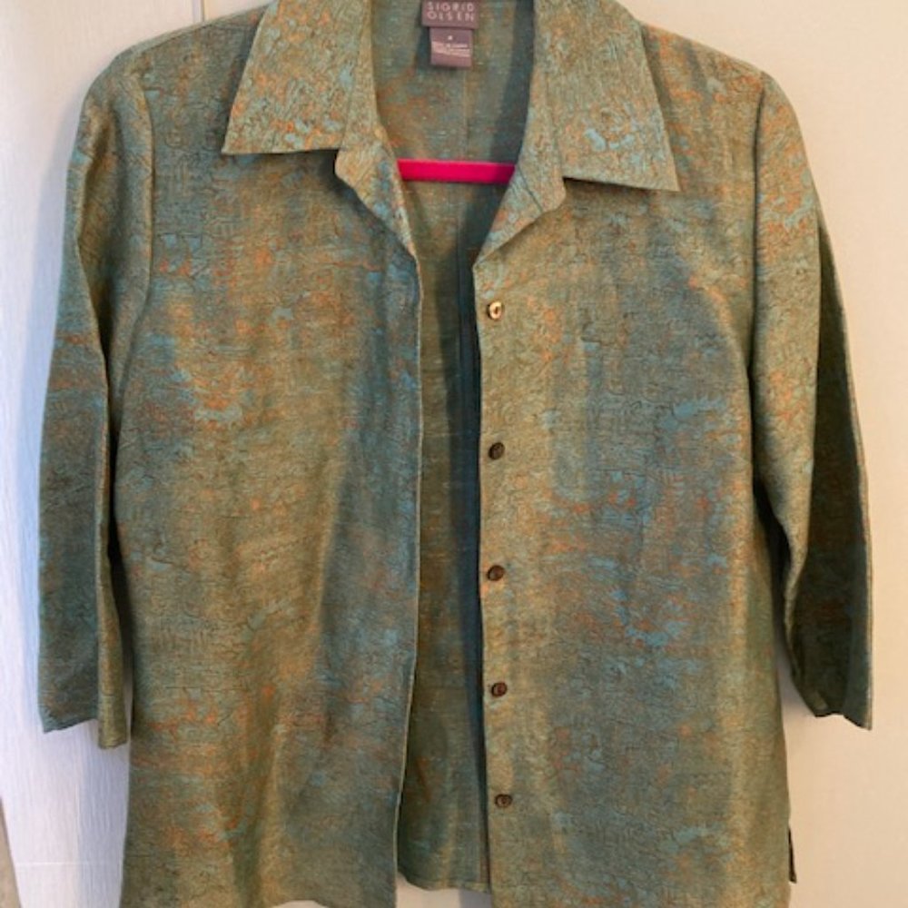 SIGRID OLSEN GREEN GOLD LINEN SILK TOP (4) AND SLACKS(8) SUIT 2 PIECE EXC COND